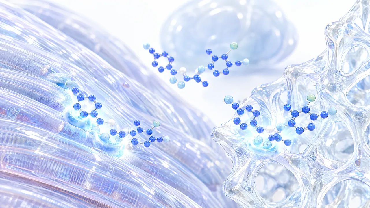 Glassy light blue and violet muscle fibres on the left, a transparent honeycomb bone structure on the right, glowing blue molecule models dock onto both, another floats between them
