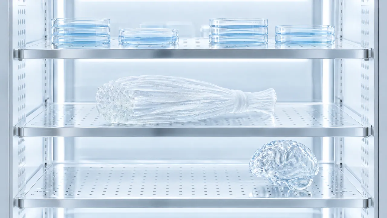 Lab cabinet with metal shelves, stacked petri dishes on top, a glass muscle bundle in the middle, a glass brain below