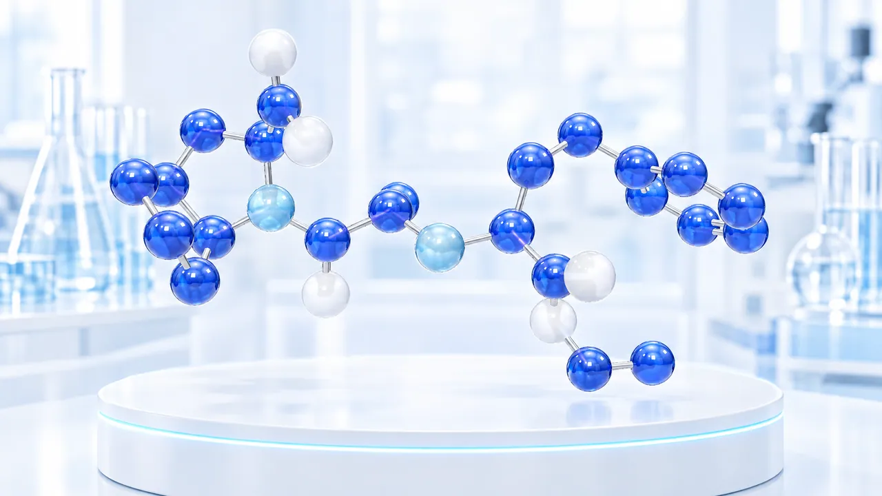 Large molecule model of glossy blue, light blue and white spheres floats above a white podium with a glowing rim in a bright lab, symbolic image for ramipril