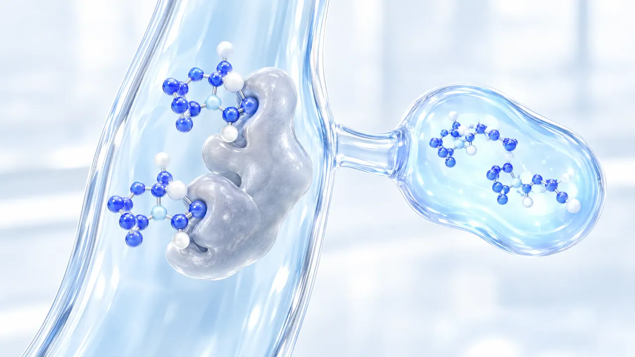 Transparent light blue vessel with a grey, lumpy enzyme on the inner wall to which blue molecule models dock, next to it a bulge holding more molecules