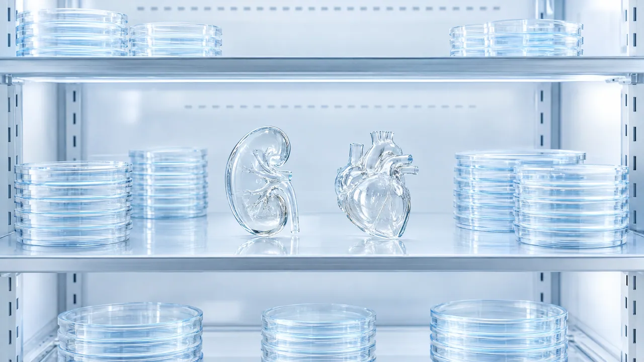 Lab shelf with stacks of clear petri dishes, in the middle a kidney and a heart made of clear glass