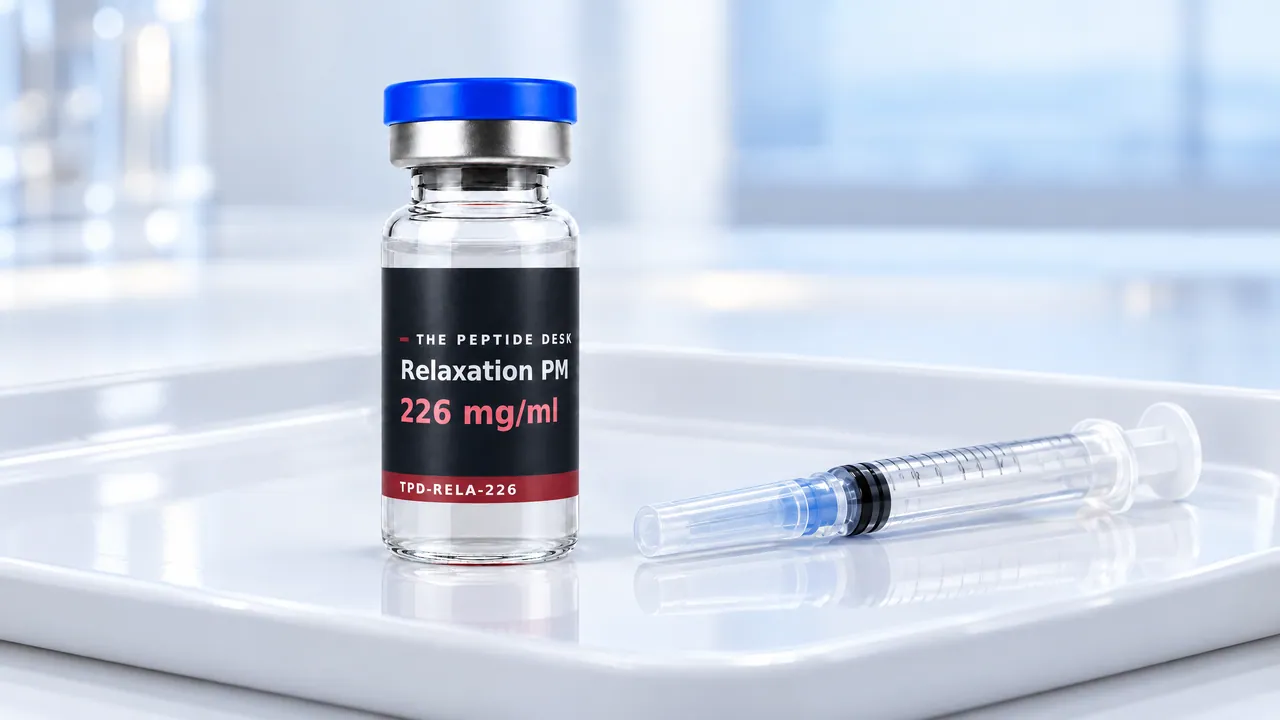 Relaxation PM vial with the black TPD label and a disposable syringe on a white tray