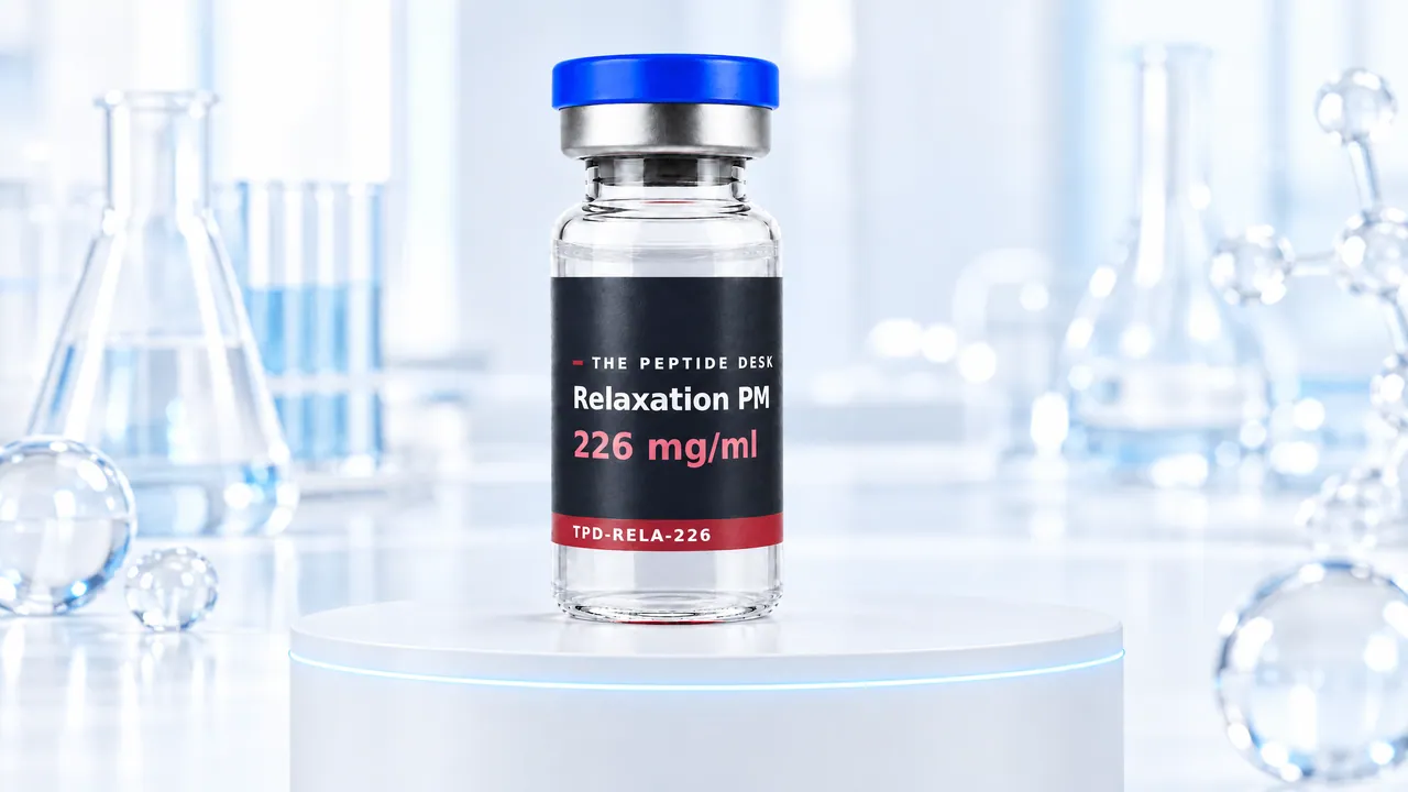 Vial with clear liquid, blue cap and the black TPD label of Relaxation PM on a white podium with a blue light ring, lab glassware and glass molecule spheres behind it