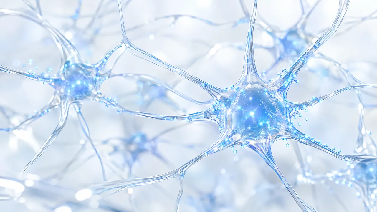 Glassy, glowing blue nerve cells with branching extensions on a light background