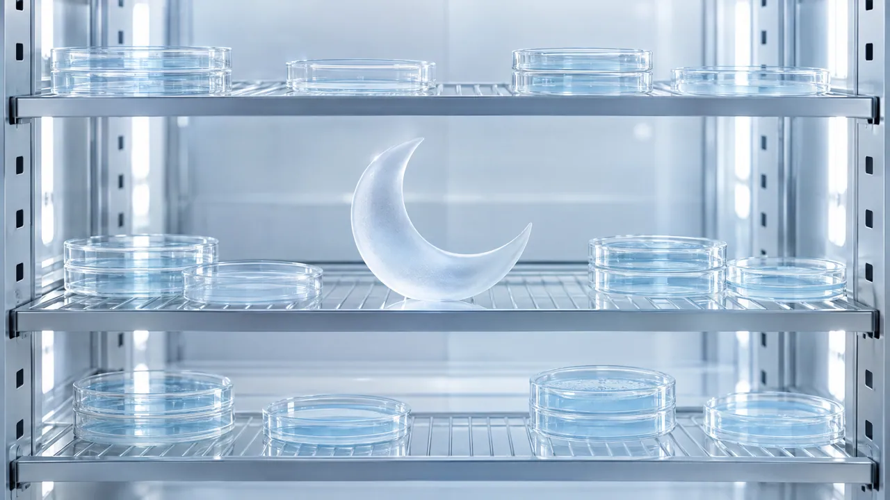 Bright glass shelves with Petri dishes in a lab cabinet, a glass crescent moon in the middle
