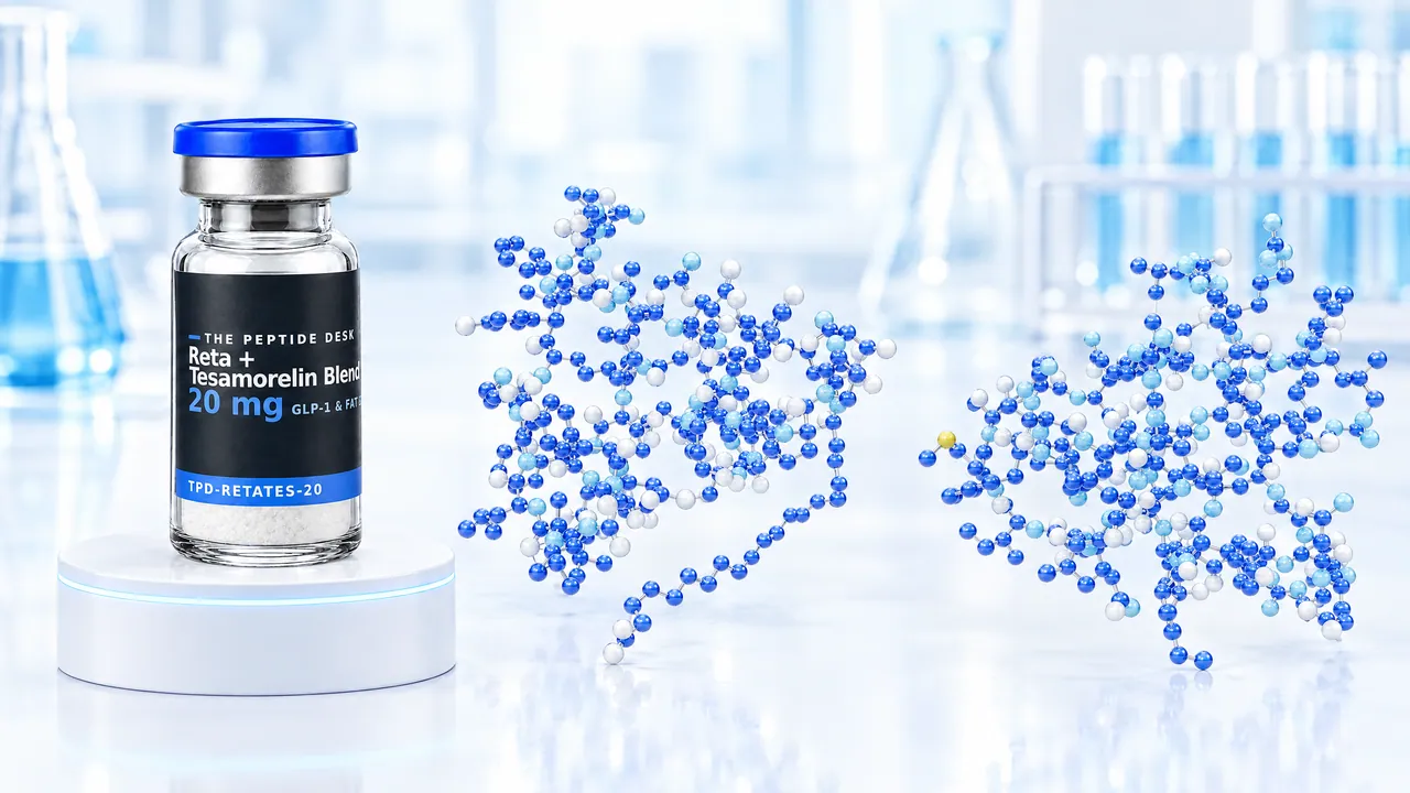 Reta plus Tesamorelin Blend vial with white powder and the black TPD label on a white podium, next to two blue 3D peptide chains in a bright lab