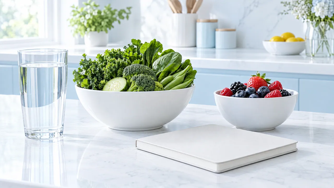 A glass of water, a bowl of green vegetables, a bowl of berries and a white notebook on a bright kitchen counter