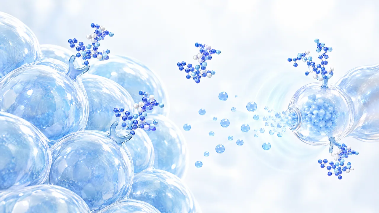 Abstract illustration: on the left a cluster of glass cells with blue molecule chains docking on their receptors, on the right a glass cell releasing small spheres