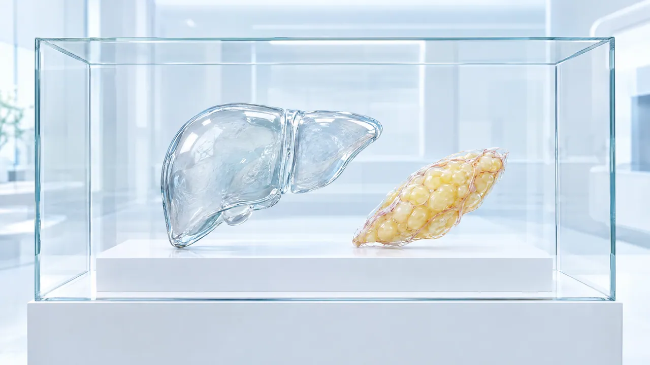Clear glass liver and a yellow fat tissue lobule in a glass display case on a white pedestal in a bright lab