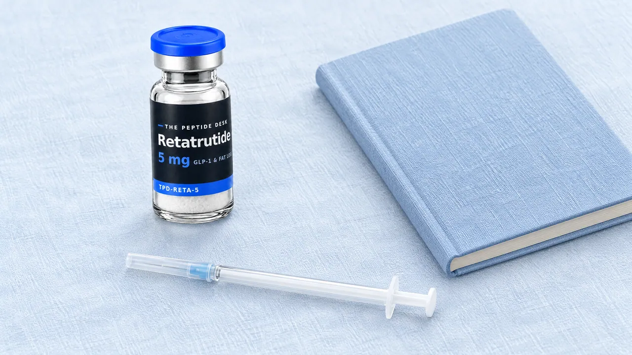 Retatrutide vial on light blue linen with an insulin syringe and a closed notebook