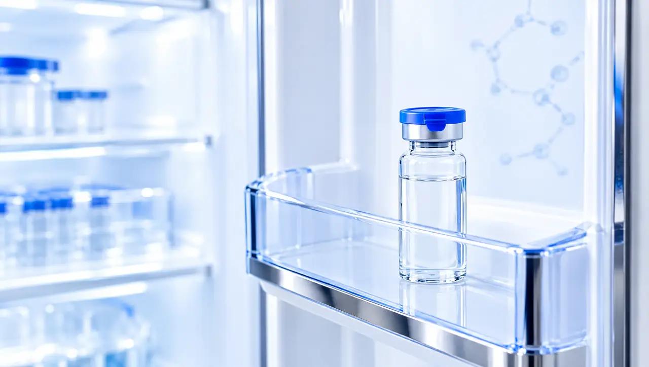 Vial with clear solution in the door of a bright fridge