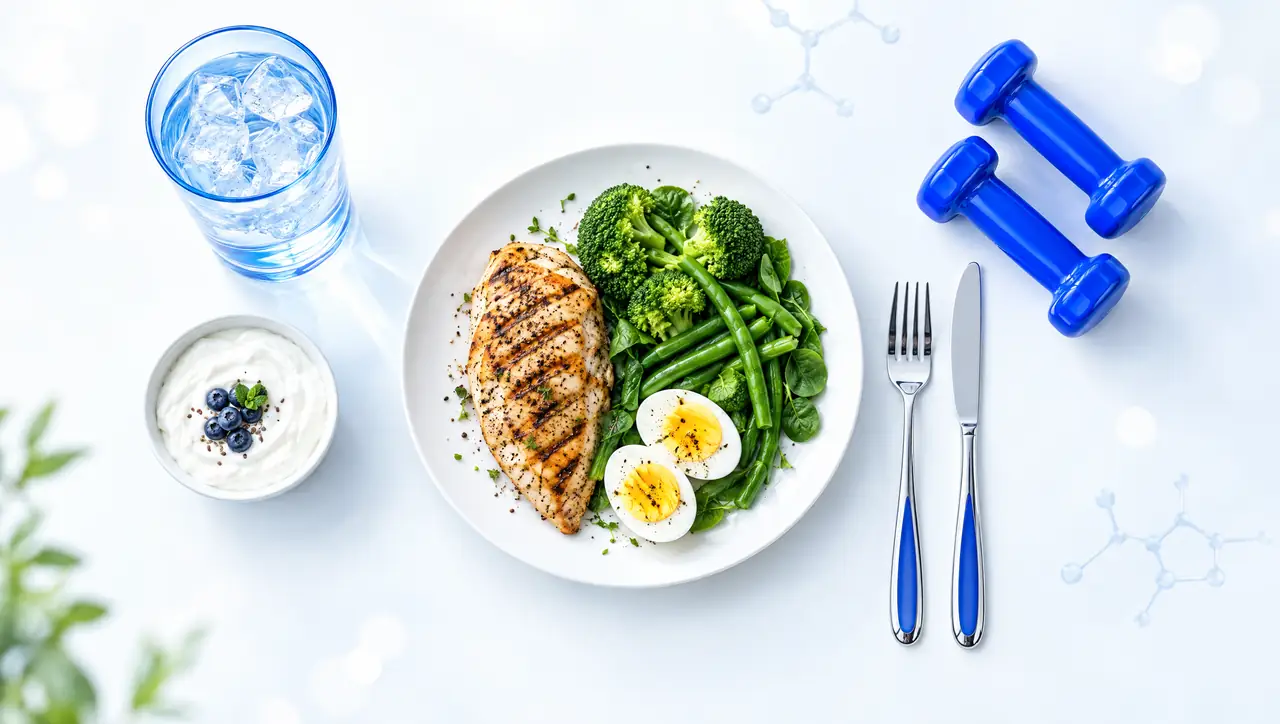 Plate with chicken, eggs and vegetables, yogurt, a glass of water and two blue dumbbells from above