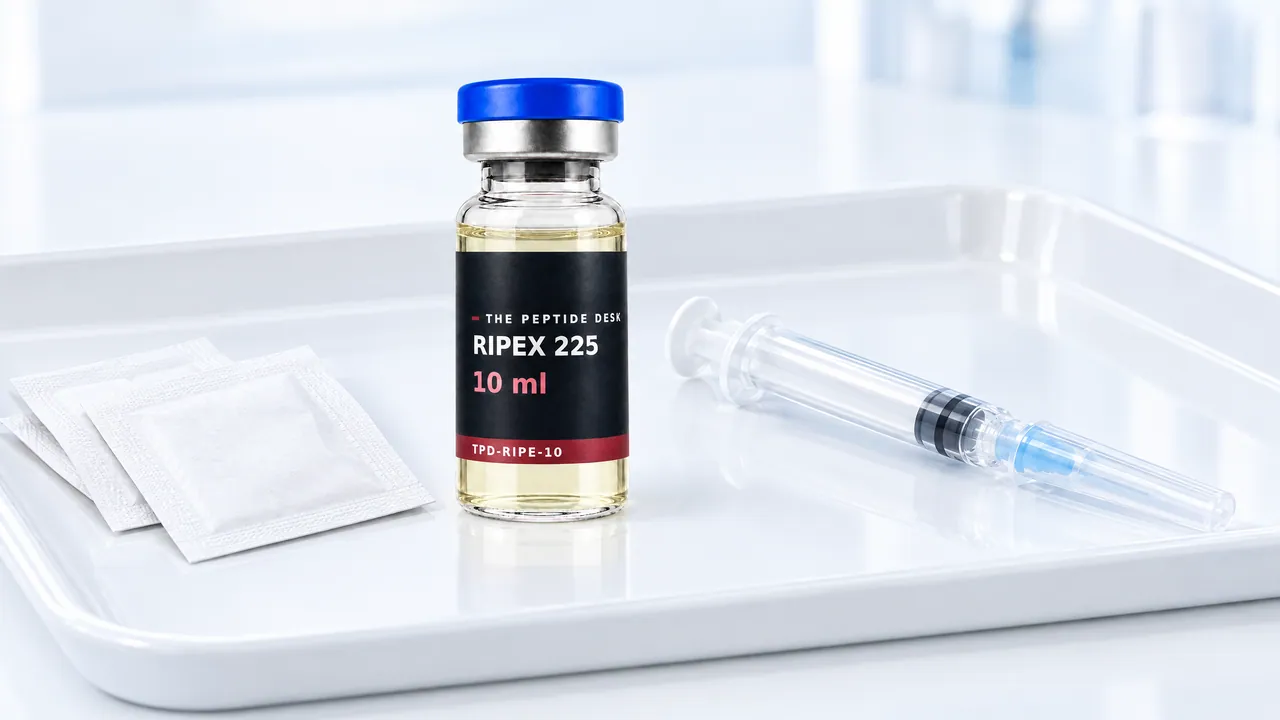 Glass vial with pale yellow oil, a blue cap and a black TPD label for RIPEX 225, a disposable syringe and packaged alcohol swabs beside it on a white tray