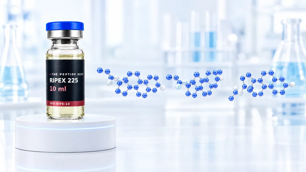 Glass vial with pale yellow oil, a blue cap and a black TPD label for RIPEX 225 on a white podium, next to it three steroid molecules of blue glass spheres in a bright lab