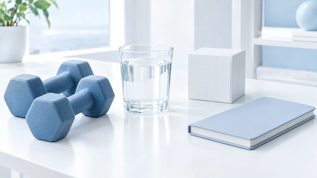 Two light blue dumbbells, a glass of water, a white cube and a light blue notebook on a white table