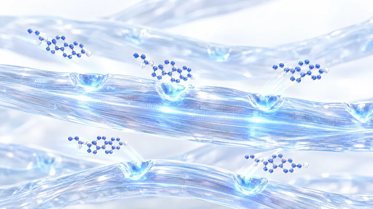 Glass muscle fibres with small hollows that blue steroid molecules dock into and light up