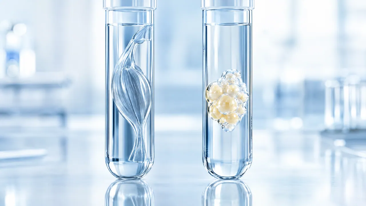 Two sealed test tubes side by side, one holding a glass muscle fibre, the other a cluster of yellow fat cells