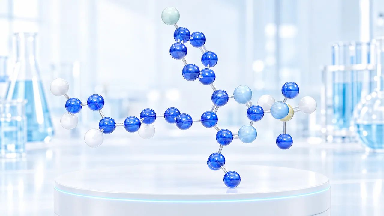 Molecule model of glossy blue, light blue and white spheres with one pale yellow sphere, floating above a white podium with a glowing rim in a bright lab, symbolic image for rosuvastatin
