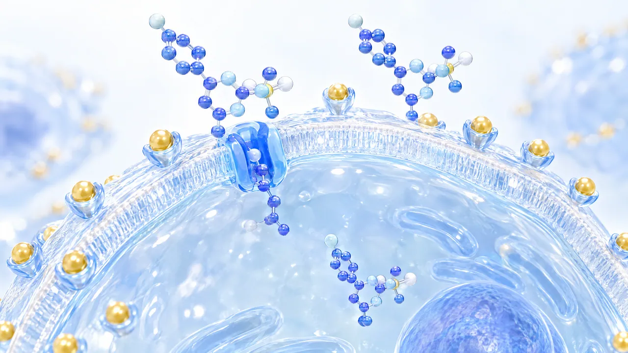 Section of a glassy blue cell with a nucleus, golden spheres in small cups along the membrane, blue molecule chains pass through a blue channel in the membrane into the interior