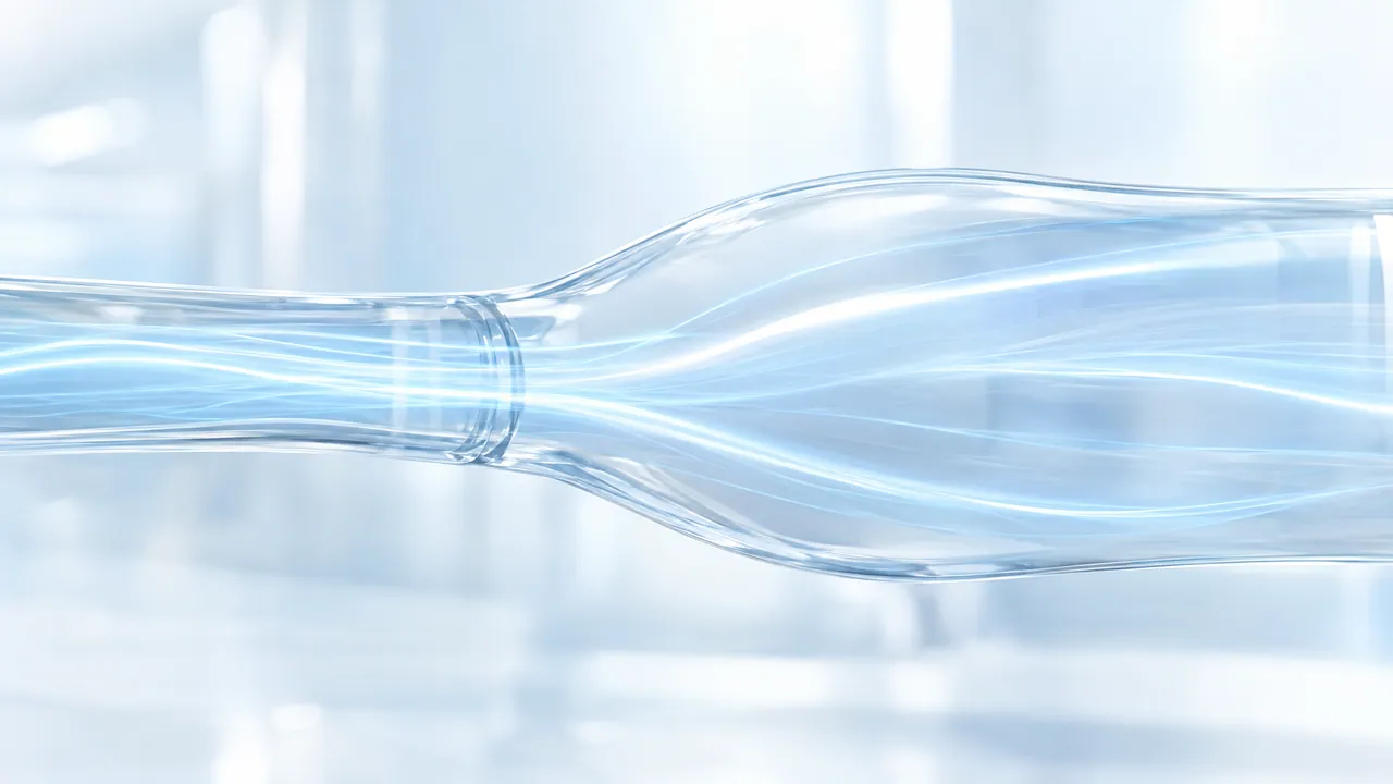 Transparent glass tube that opens from a narrow point into a wide section, light blue lines of light flowing through it