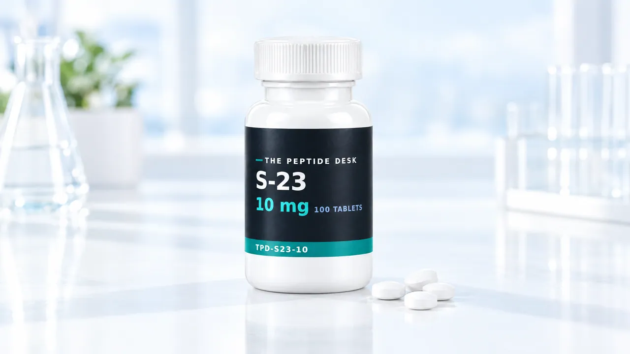 White tablet bottle with a black TPD label for S-23, a few white tablets beside it on a bright table