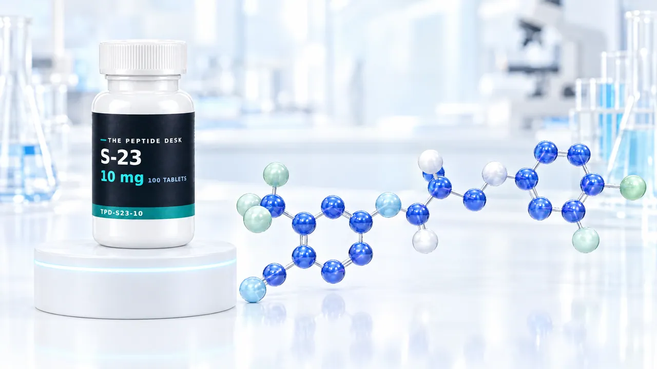 White tablet bottle with a black TPD label for S-23 on a white podium, next to it a molecule model of blue, white and greenish glass spheres in a bright lab