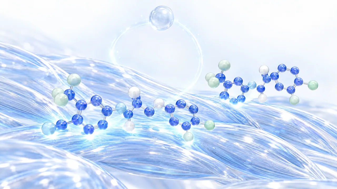 Glass muscle fibres with blue molecules docking on and lighting up, above them a small glass sphere with a faintly glowing arc of light
