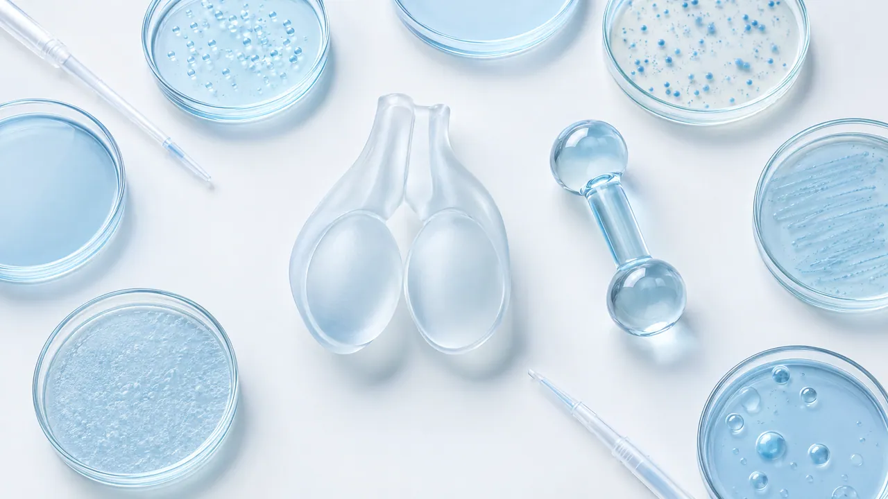 Top view of petri dishes and pipettes around a frosted glass testicle model and a small glass dumbbell
