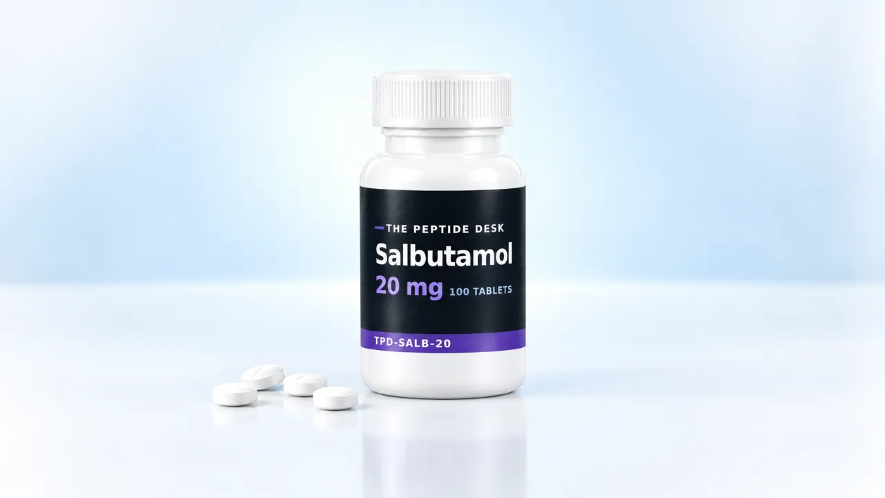 White tablet bottle with a dark The Peptide Desk label for salbutamol, four white tablets in front on a light background