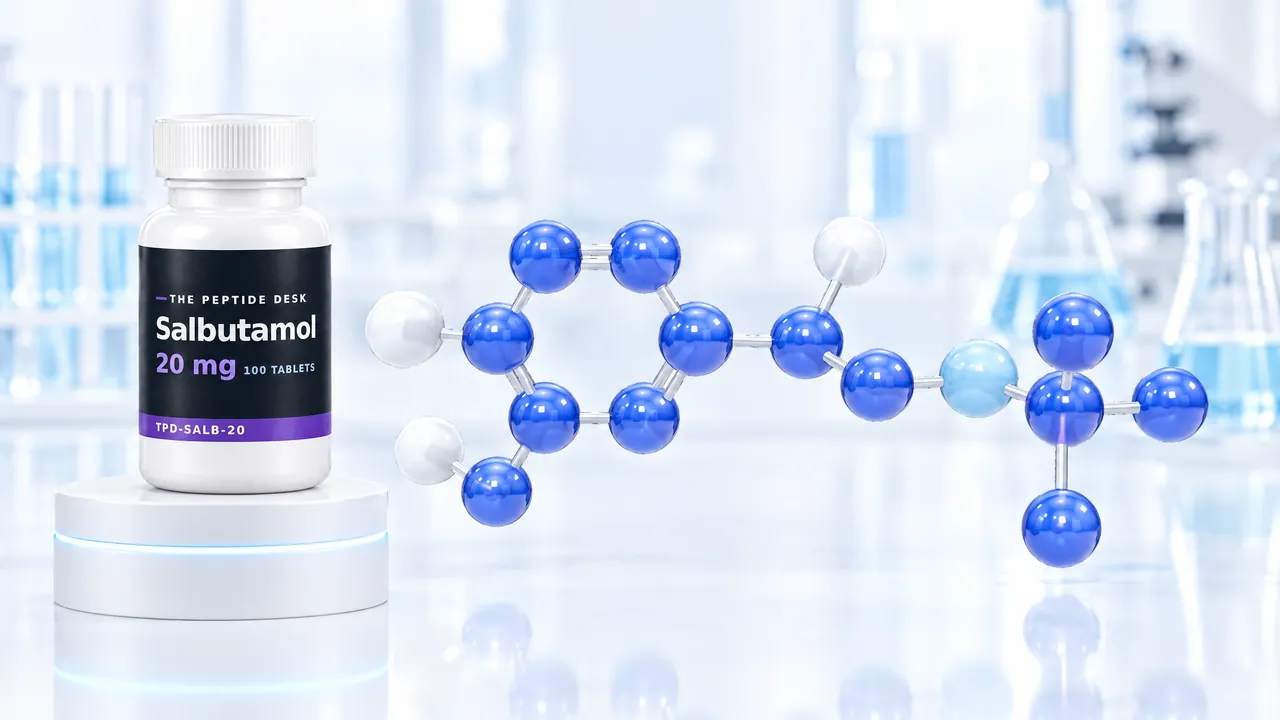 White tablet bottle with a dark The Peptide Desk label for salbutamol on a white podium, next to it a large molecule model of blue, light blue and white spheres in a bright lab