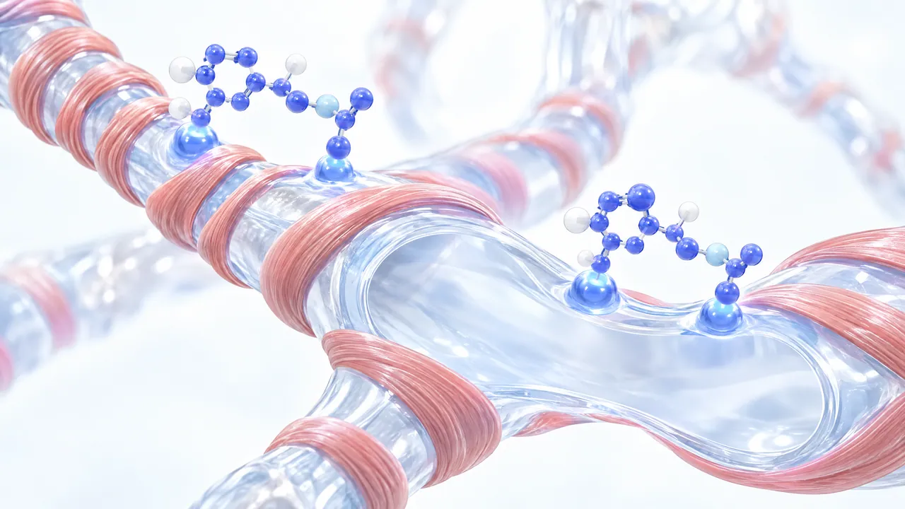 Transparent branching airways wrapped in red muscle bands, blue molecule models dock onto glowing points on the surface