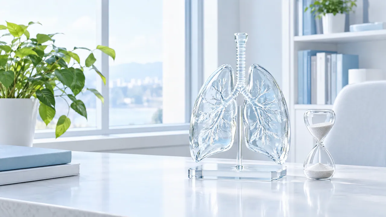Model of a lung in clear glass with finely branched bronchi on a desk, next to it an hourglass, window, plant and bookshelf in the background
