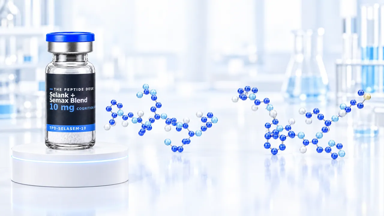 Selank + Semax Blend vial with white powder and the black TPD label on a white podium, next to two blue 3D molecule chains in a bright lab