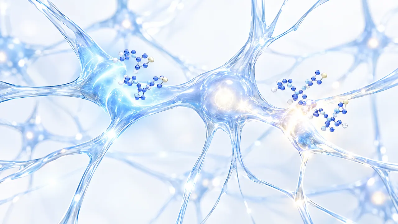 Network of glass nerve cells glowing light blue, with small blue molecule chains sitting on their branches