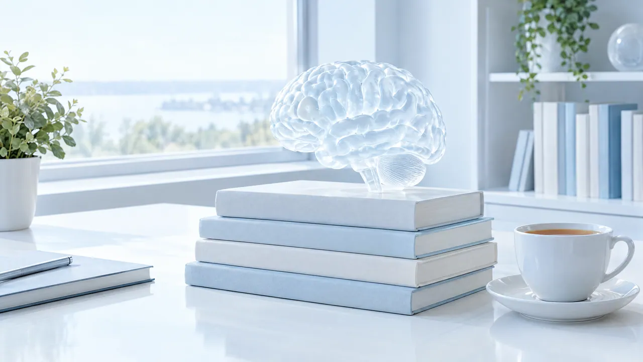 Glass brain model on a stack of light blue books beside a cup of tea on a bright desk by the window