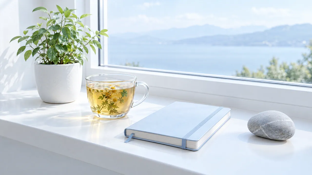 Glass cup of herbal tea, a light blue notebook, a smooth stone and a potted plant on a white windowsill overlooking the sea
