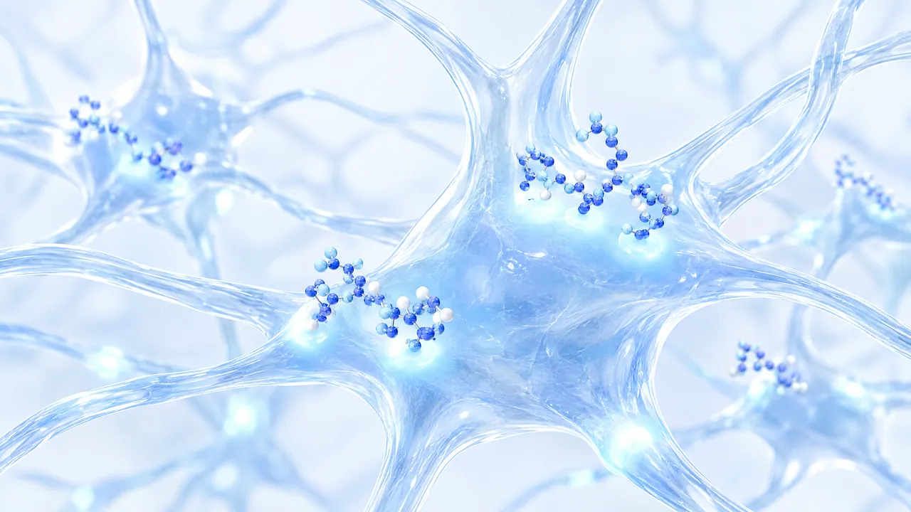 Branching nerve cells made of light blue glass, small blue molecule chains docking at glowing points in several places