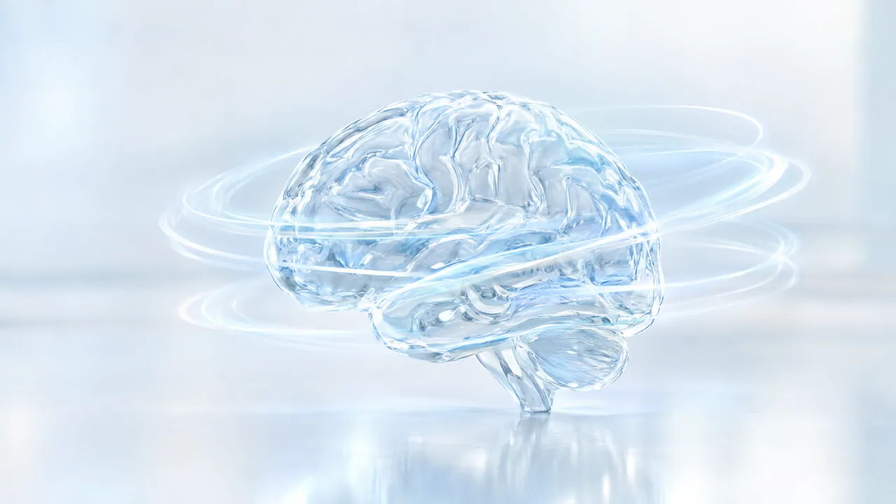 Clear glass brain on a bright surface, surrounded by delicate glowing blue light rings