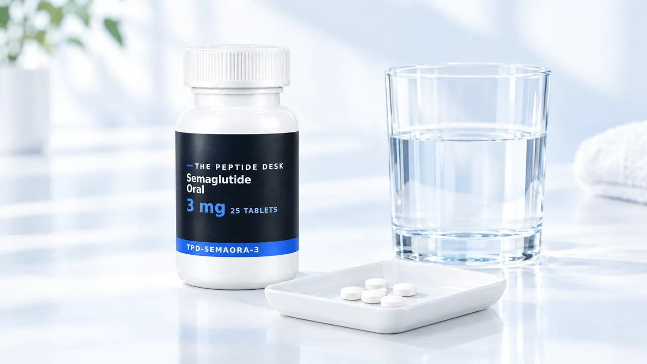 White tablet bottle with a black TPD label for Semaglutide Oral, a glass of water and a small dish with white tablets beside it