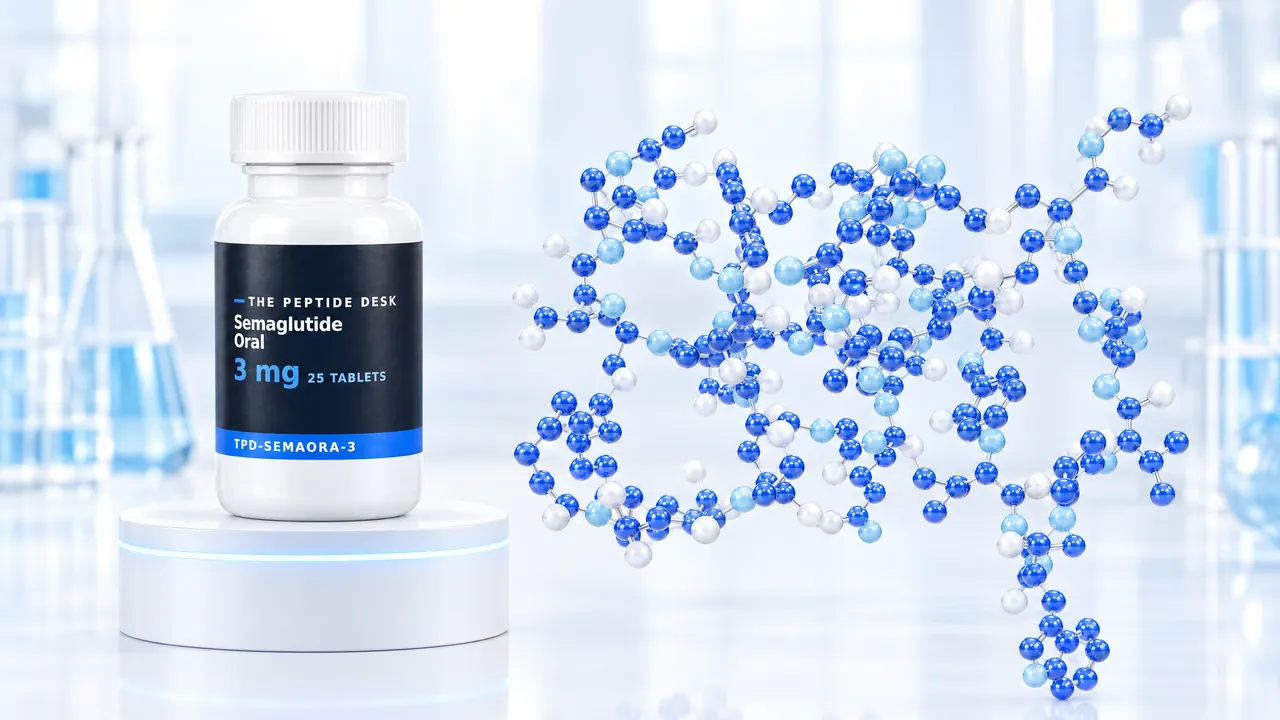 White tablet bottle with a black TPD label for Semaglutide Oral on a white podium, next to it a large molecule model of blue and white glass spheres in a bright lab