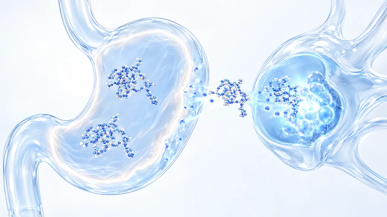 Stomach of translucent glass, blue molecules travel through the stomach wall to a glowing glass structure on the right