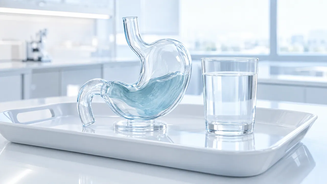 Glass stomach model with light blue liquid and a glass of water on a white tray in a bright lab