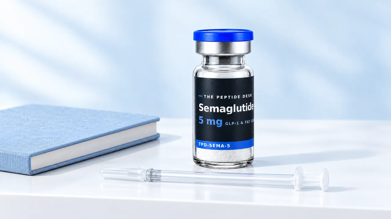 Semaglutide vial on a white shelf with an insulin syringe and a closed light blue notebook