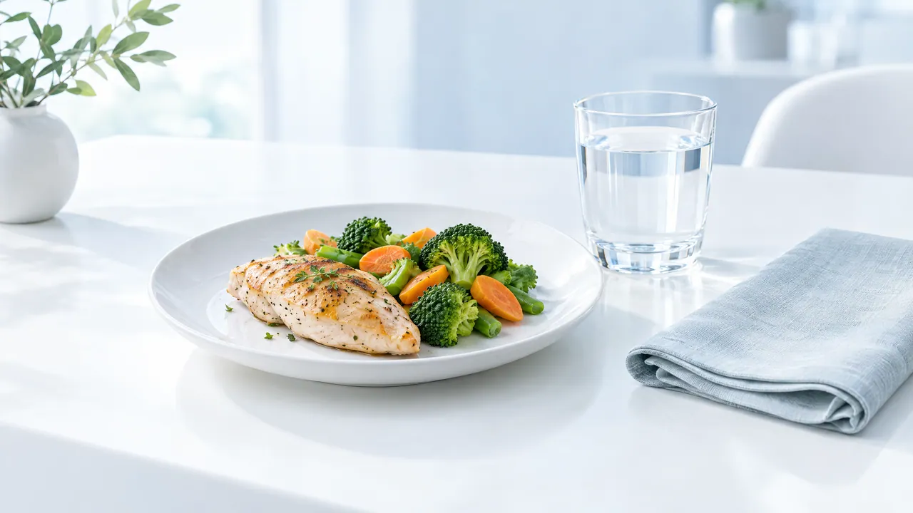 Plate with grilled chicken, broccoli and carrots, next to a glass of water and a light blue napkin on a bright table