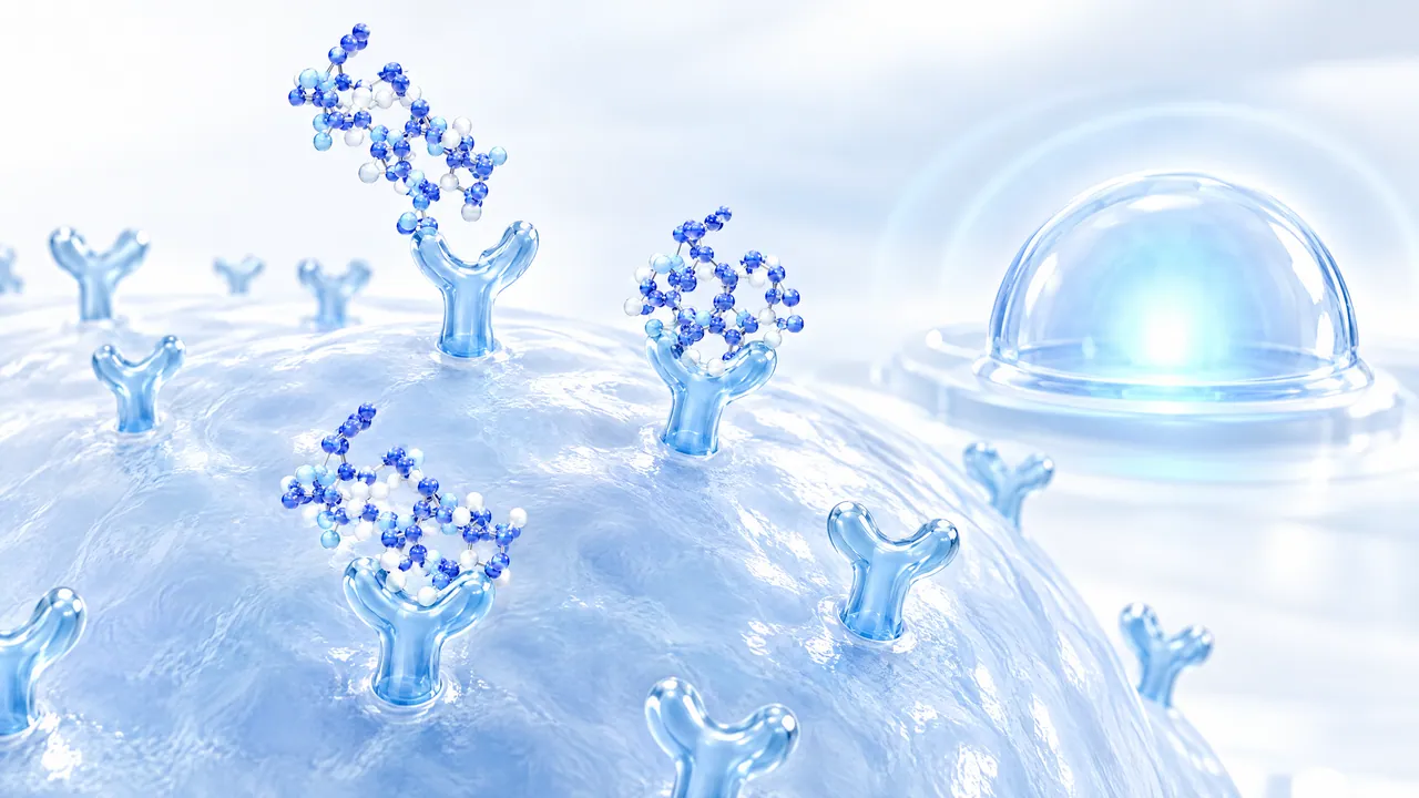 Large translucent blue cell with Y-shaped receptors that blue 3D peptide chains dock onto, a glowing glass dome in the background