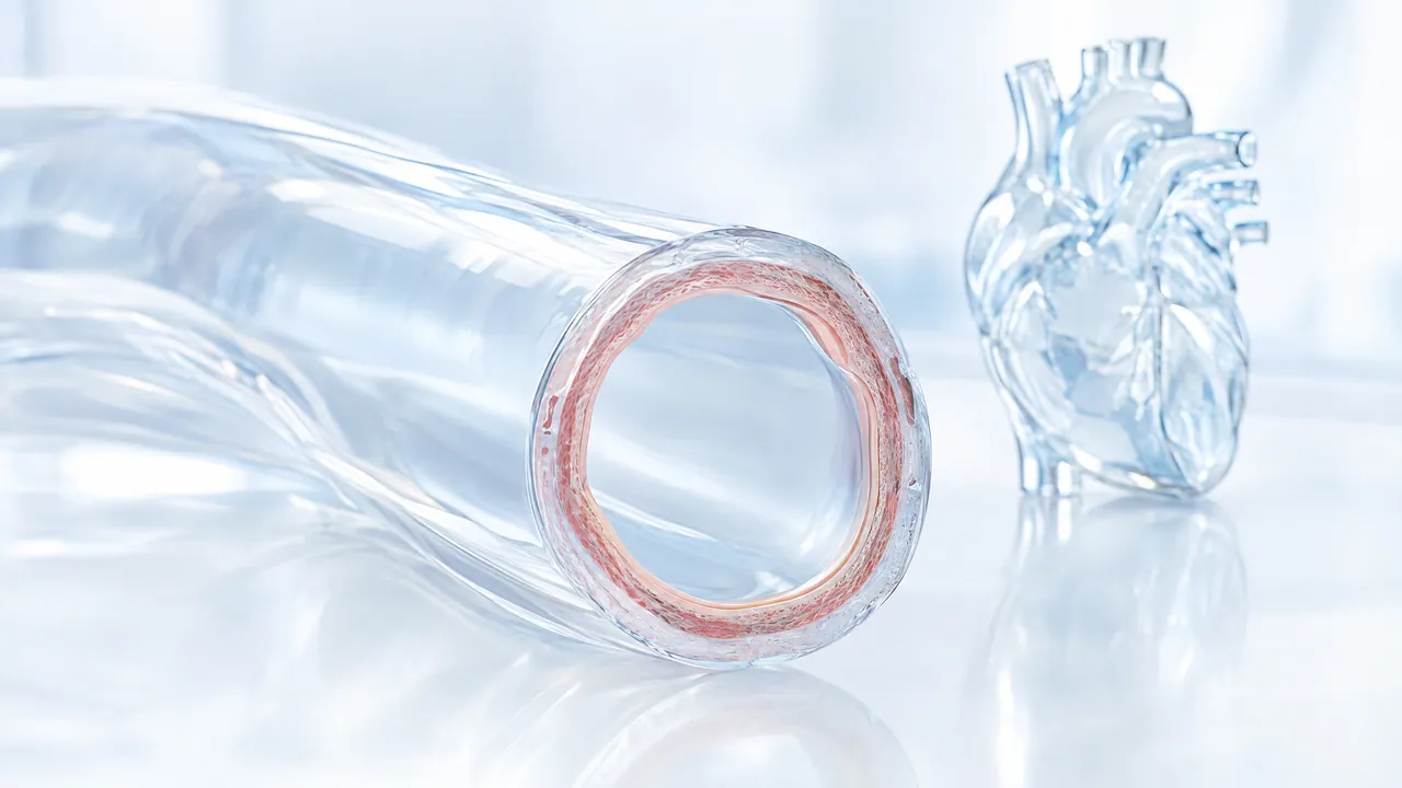 Glass blood vessel with a reddish inner ring and a glass heart model on a bright lab table