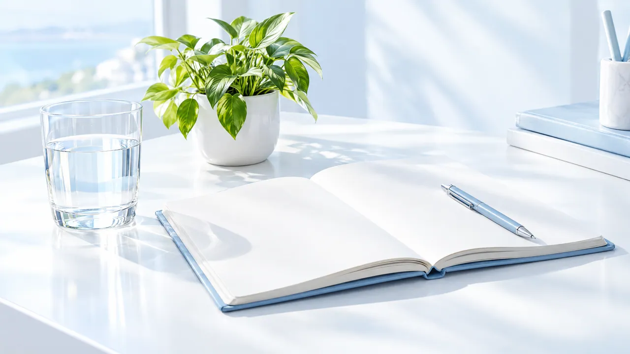 A glass of water, a green plant and an open notebook with a pen on a bright desk by the window