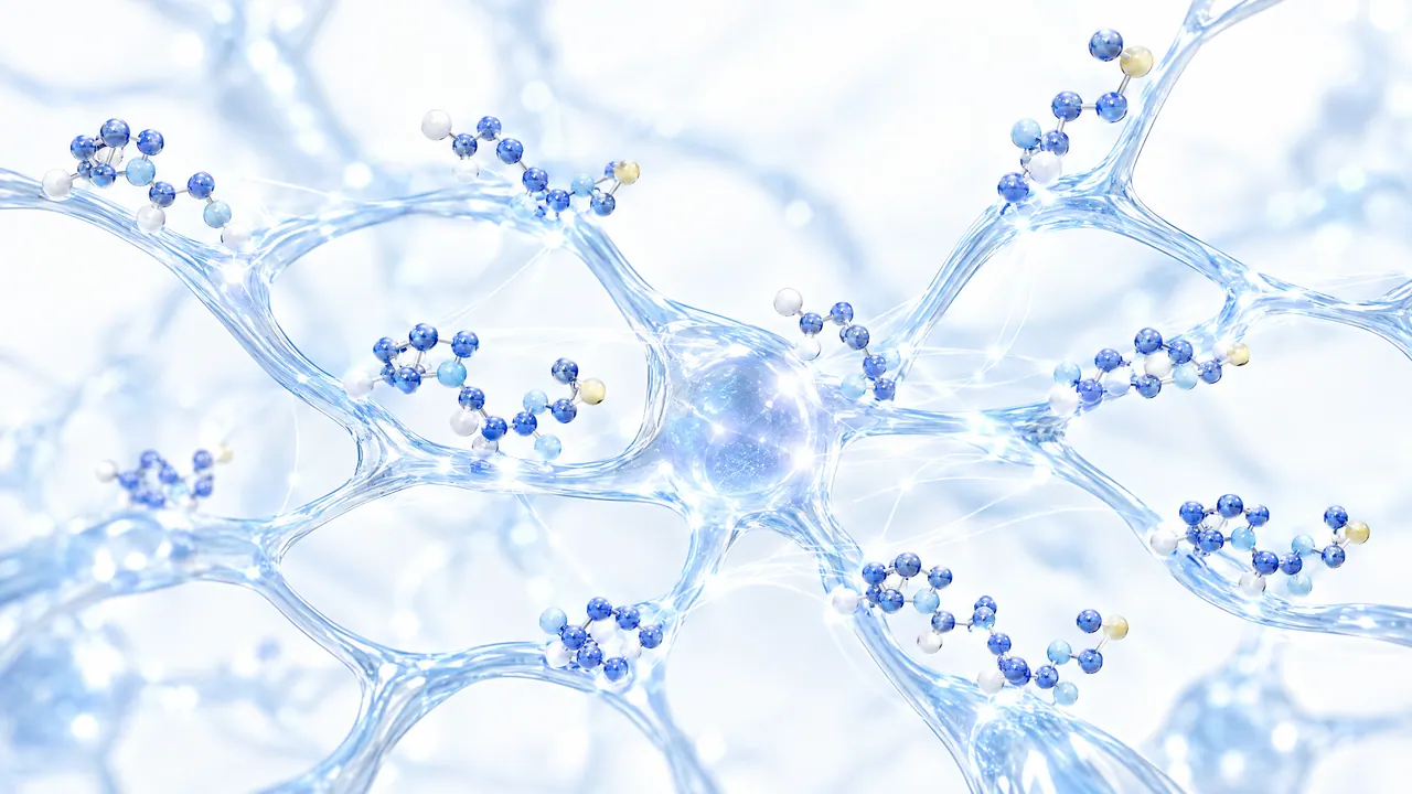 Network of glass nerve cells glowing light blue, with small blue and white molecules sitting on their branches
