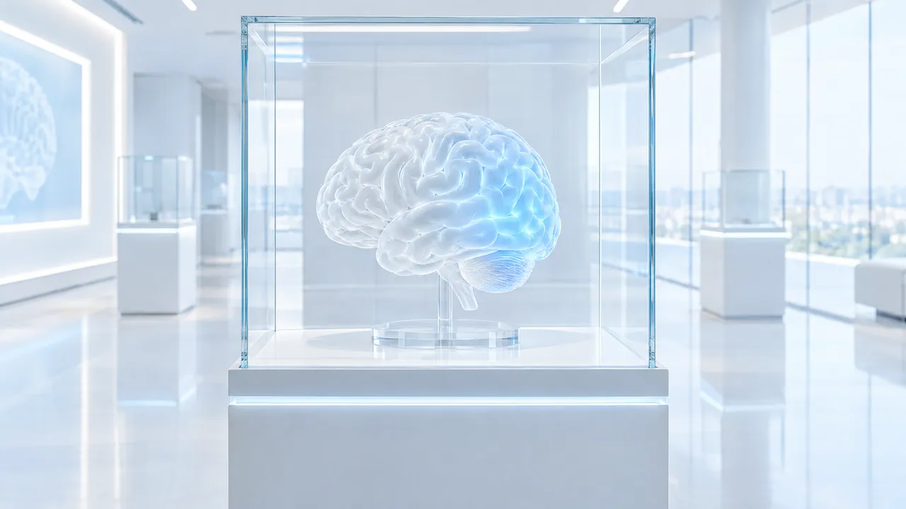 Glass brain model in a glass display case on a white plinth in a bright exhibition room