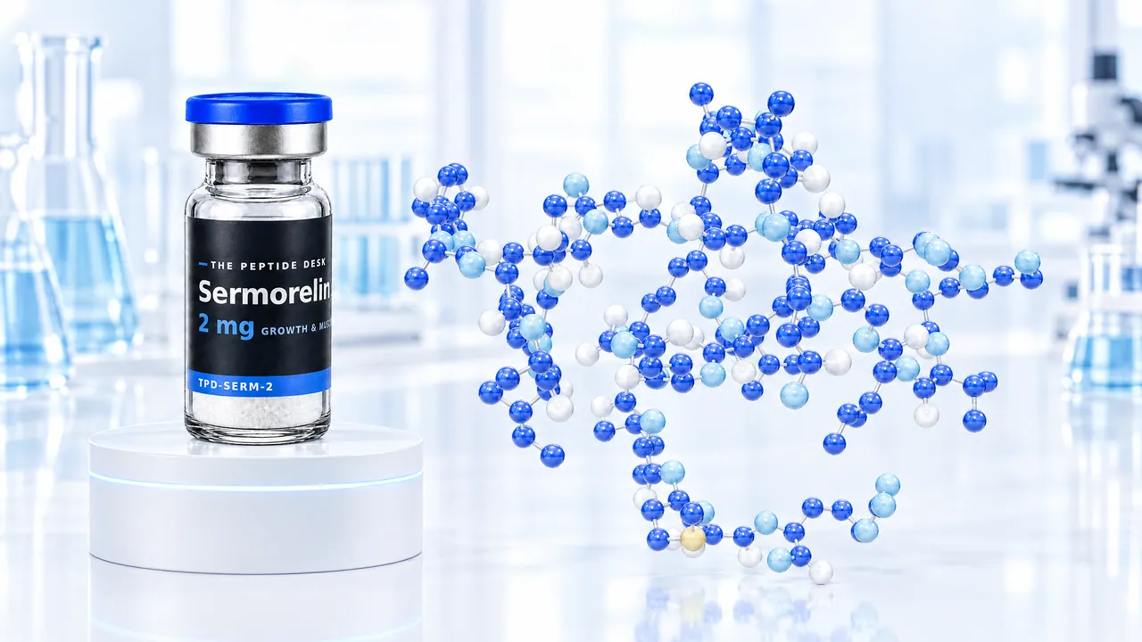 Sermorelin vial with white powder and the black TPD label on a white podium, next to a large blue 3D peptide chain in a bright lab